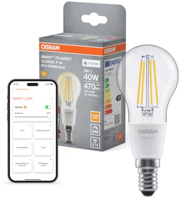 Osram Lampe LED SMART+, P40, 4 W, 2 700 K, E14, forme bougie, filament, | SMART+ MATTER Filament Dimmable Classic, LED Lamps, Clair, 45 mm dia, 15000 h, pack de 1