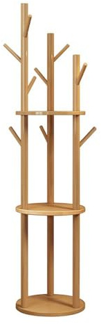 Coat Stand 8 Hooks Wooden Coat Rack Freestanding 3 Tier Storage Shelf | Holds Hats, Jackets, Umbrellas, Suitable For Bedroom, Office, Hallway, Wood Color