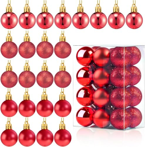 24 Stück Christbaumkugeln Rot 3cm Weihnachtskugeln Kunststoff Weihnachtskugeln Rot mit Hakenkordel, Bruchsicher Weihnachtsbaum Kugeln Christbaumschmuck Anhänger für Weihnachtsbaum Deko