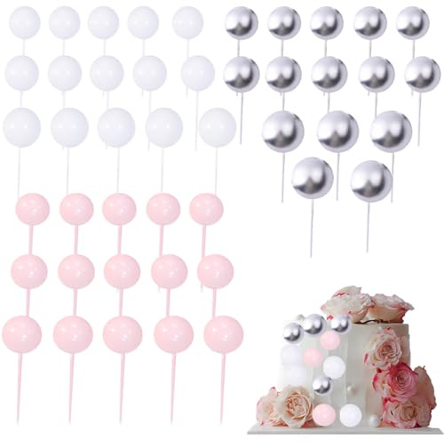 45 PCS Ball Cake Toppers, Mini Aesthetic Pink Silver White Birthday Cake Decorations, Foam Balls Toppers Decoration, Suitable for Decorating Birthday Cakes on Anniversaries Practical