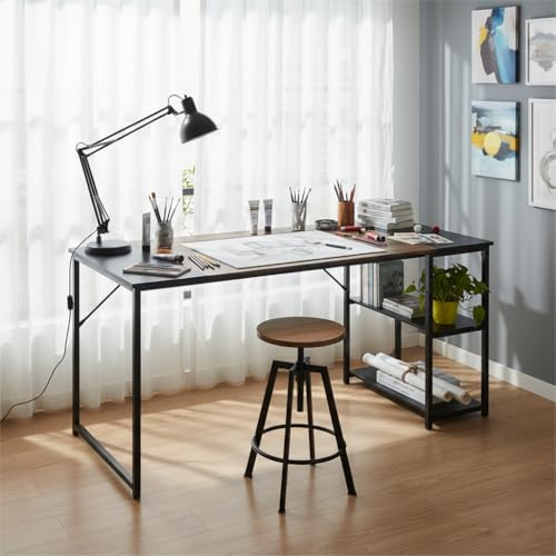 FurnitureR - Mesa de Dibujo Industrial (120 cm, Bandeja Bicolor, Retro, marrón y Negro, 2 estantes Laterales para Suministros, Ajuste de Altura, Ideal Taller, creación o Oficina en casa
