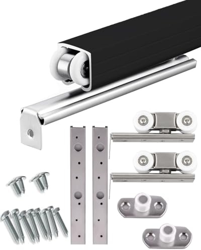 Kit per porta scorrevole resistente, set hardware per binario a tasca singola per porte da fienile da 152/166/2033,8 cm, binario nero per ganci per porte di armadi e garage, 243,8 cm