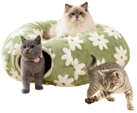Katzentunnel, Katzen Tunnel für Katzen Rund, Katzenliege Donut Katzenbett aus Plüsch mit Fellknäuel, Katzenspielzeug für Indoor, Weiches Katzenbett (Grün)