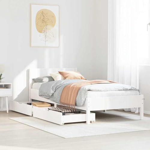 QJBSAVVA Massivholzbett Kiefer 100x200 cm weiß mit Stauraum Schubladen Jugendbett Einzelbett für Schlafzimmer Gästezimmer Modernes Design