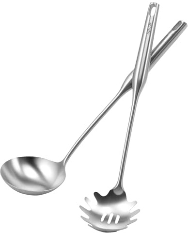 Set di 2 mestoli da zuppa in acciaio inox con mestolo, 36,5 cm, cucchiaino da 35 cm, facile da appendere, lavabile in lavastoviglie, per zuppe, porridge, stufati, pasta