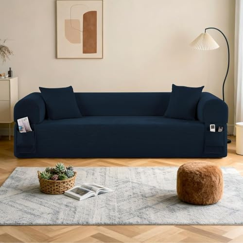 BMMB Moderno divano a tre posti (83 pollici), divano da soggiorno senza cornice, con 2 cuscini e 2 pouf, nessun montaggio richiesto, adatto per soggiorno o camera da letto (blu)