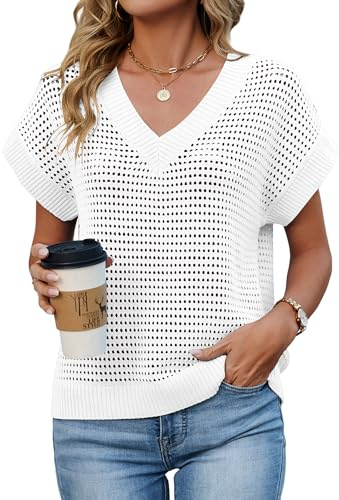 Bellcoco Crochet Tops for Women Summer Sweaters Vest Cap Sleeve V Neck Hollow Out Cover Up Knit Tank Top Pullover Beach Vacation Clothes White S