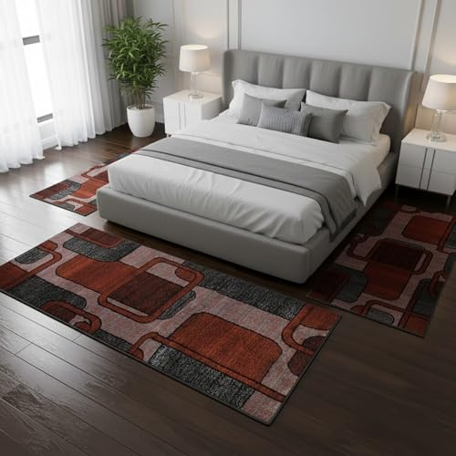 Tris Tappeti Camera da Letto - Set 3 Pezzi in Soffice Polipropilene - 1 Tappeto Fondo Letto 70x140 + 2 Laterali 60x110 - Antiscivolo - Morbido e Facile da Pulire - Design Geometrico