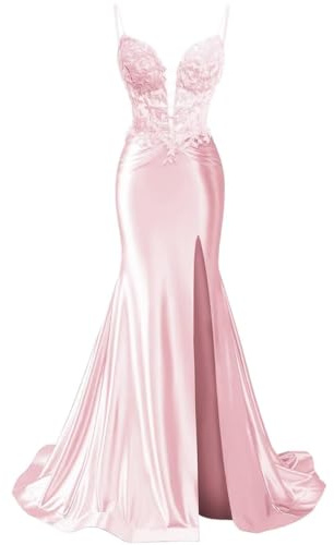AHERKLL Spaghettiremmar brudtärna klänning spets applikation satin balklänningar med slits formell kväll fest maxiklänning ZMAH281, Rosa, 58/Plus