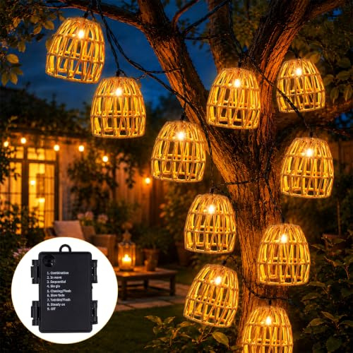 10er LED Lichterkette Außen,Lampions Außen Wetterfest,LED Rattankugel Lampion,Wasserdicht Lichterketten Außen,Innen Batteriebetrieben,für Garten,Balkon,Party,Zimmer
