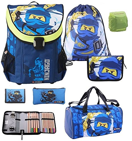 Familando - Schulranzen Set 7-teilig mit Sporttasche - Ninjago Blau - Ergonomisch, stabil & mit gepolstertem Rücken - 790g leicht mit 16L Volumen - wasserabweisend und mit Reflektoren - Ab 1. Klasse