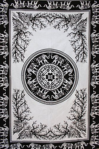 GESCHENKE Mango Elefanten Mandala Wand Decor, schwarz und weiß Tapisserie, Größe 139,7 x 203,2 cm ca.
