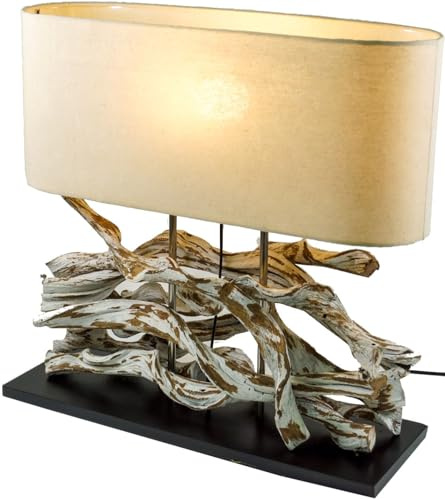 Handgefertigte Tischlampe aus Naturmaterialien, Holz, Modell Marimbula | Schirm aus Baumwollstoff, dekorative Liana Wood Streifen, einzigartiges Design, ideal für Naturfreunde