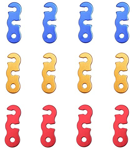 MiaLover Lot de 12 tendeurs de corde en alliage d'aluminium pour tente de camping, pique-nique (rouge, bleu, jaune)