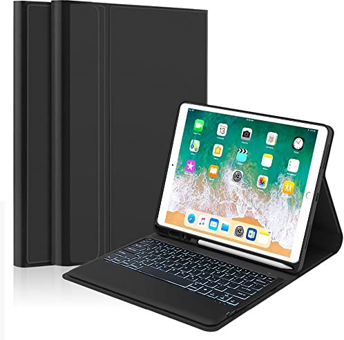 QYiiD Funda con Teclado para iPad 9.7 6ª generación 2018 / iPad 5ª generación 2017, Carcasa Trasera Protectora de TPU Suave con Soporte para Pencil y Retroiluminación Teclado Desmontable, Negro