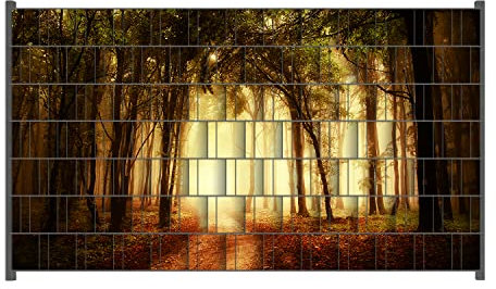 Wallario Zaun Sichtschutz Windschutz für EIN- und Doppelstabmattenzäune in der Größe Breite 2,50m x Höhe 1,40m, Motiv: Sonnenuntergang auf dem Waldweg