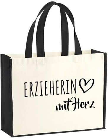 Huuraa Jutetasche Erzieherin mit Herz Geschenk | Großer Shopper 21 Liter Juteshopper Black Tasche aus Jute und Baumwolle Einkaufstasche Geschenkidee Tragetasche mit Motiv