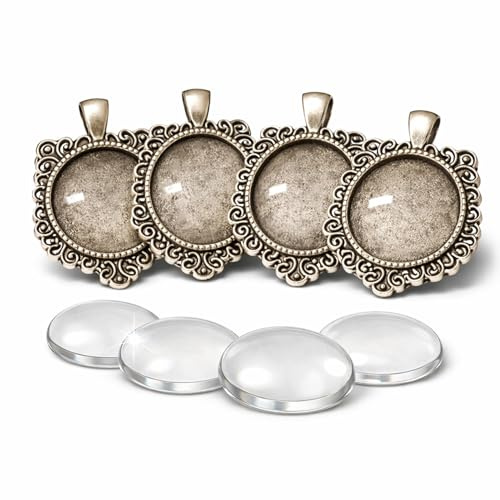 Perlin Cabochon Fassung Anhänger Set 20 mm Rund Schmuck Selber Machen Vintage Lünette Medaillon Metall Silber DIY Halskette Basteln 8 Teile