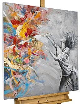 KunstLoft Leinwandbild | 100% HANDGEMALT | 80x80cm | Gemälde 'Burst of Emotions' | Frau | Bunt Grau | Wandbild Wohnzimmer