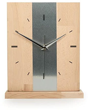 Kreative Feder Designer-STANDUHR Silver Stripe aus MASSIVHOLZ 27x20cm – analoge TISCHUHR ohne Tickgeräusche (Quarzuhrwerk, Buche)