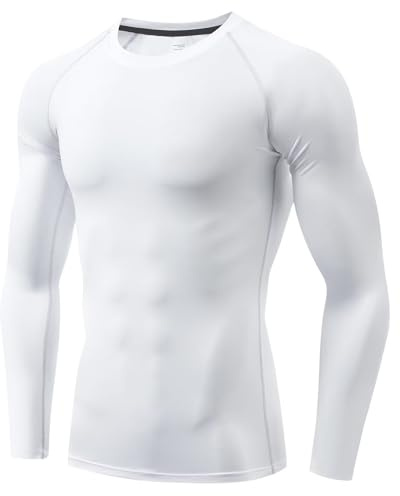 TERODACO Base Layer Mens Long Sleeve Soft Gym T Shirts Men UPF 50+ Moisture Wicking Compression Tops for Men Running Sports Cycling Top,Breathable Quick Dry Stretchy 323 White L