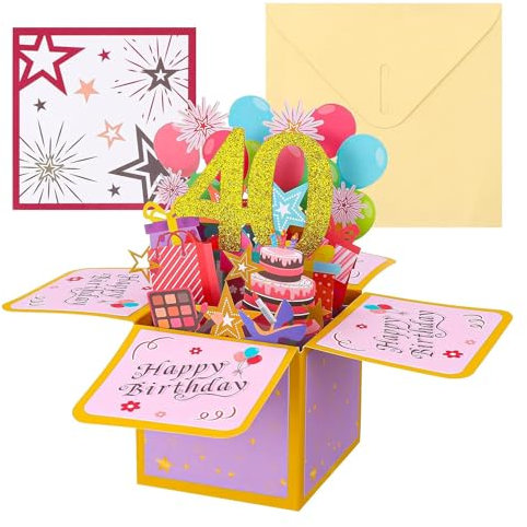 JinSu Geburtstagskarte zum 40. Geburtstag, Pop-Up-Karte zum 40. Geburtstag, 3D-Happy Birthday-Grußkarte mit Umschlag, Geburtstagskarte für Frauen