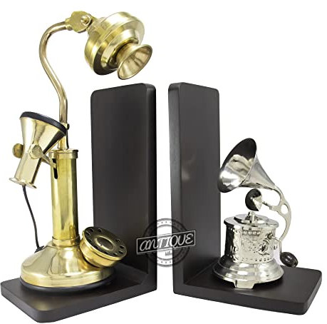 Book End for Shelves Wooden Non Plip Pair with Old Era Mini Gramophone & Telephone Brass Dummy Christmas Decor Gift