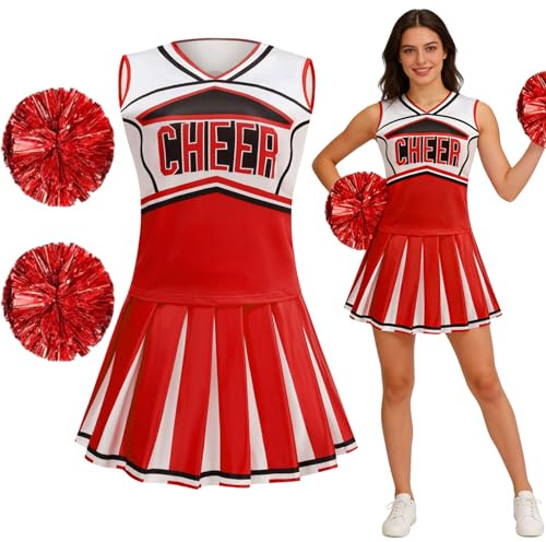 maxToonrain Cheerleader Costume Women Halloween with Pull Ring Pom Poms High School Girls Outfit Tops and Skirt 3PC Cheerleading Uniform Fancy Dress Set (Classic Red, XX-Large)