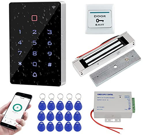 FUSYTULY Wifi Tuya RFID Door Access Control System Kit IP68 Waterproof Access Controller Touch Keypad + 180KG Electric Magnetic Lock + K80 3A Power Supply + 15pcs 125KHz Keyfobs