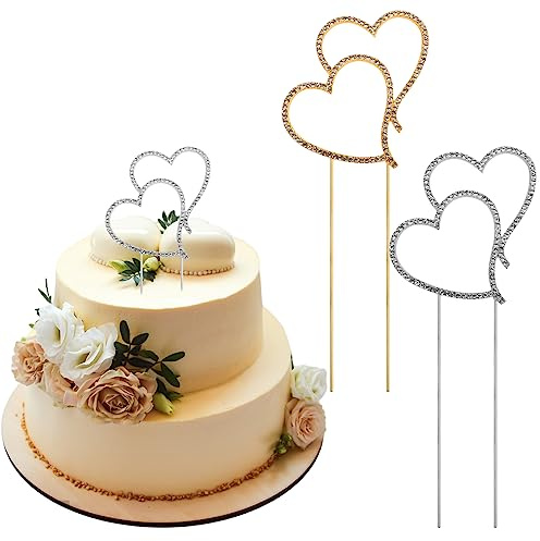 Hoxfly 2 stycken hjärtkaksdekorationer, dubbla hjärtan tårtdekorationer, kristall dubbelt hjärta, tårta dekoration, bröllop cupcake topper, för tårtor, födelsedag, fest