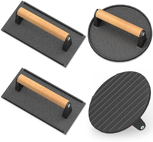 Wildone Smash Burger Press, Round Cast Iron Grill Press Burger Smasher for Griddle, Rectangular Bacon Press Meat Steak Press Sandwich Press with Wood Handle - 4Pcs