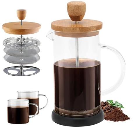 Topyond Cafetera de prensa francesa de alta calidad, resistente al calor, vidrio de borosilicato alto, diseño de bambú, función de filtrado, para el hogar, la oficina (pequeña)