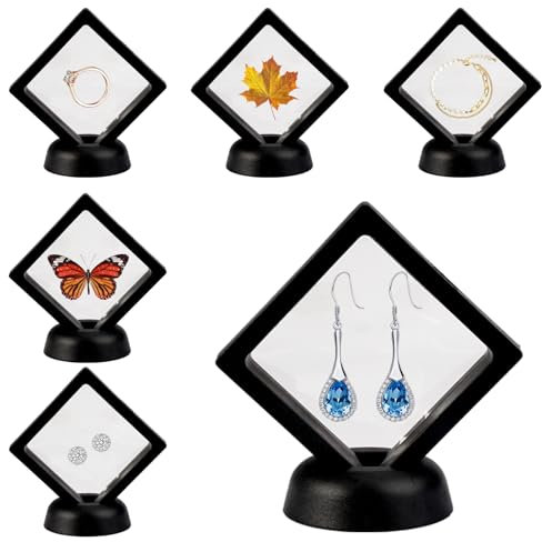 6 Stück 3D Schweberahmen,Transparent Münzrahmen,Schmuck Display Schwarz,Schwimmende Vitrine mit Basis,Münzständer,Halter Floating Frame Display Holder for Halskette Schmuck Armband Ohrring Münzen