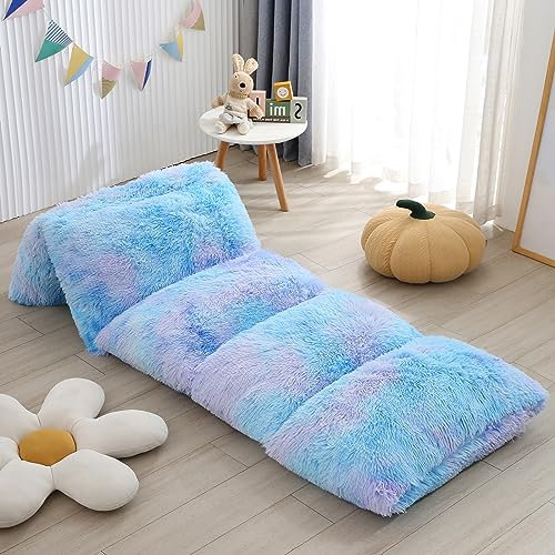 ZIQINPSQ Fleece Floor Pillow Case, Mattress Bed Lounger Cover,Faux Fur Tie Dye Pillow Bed Floor Lounger Cover,Recliner Floor Pillow for Girls Boys,Requires 5 Pillows (King, Blue)