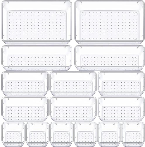 Aililong Schubladen Organizer, 16-teiliges Ordnungssystem mit 4 Größen, klarer Kunststoff für Make-up/Badezimmer/Schreibtisch, stapelbarer Organizer Schublade für Küche & Büro.