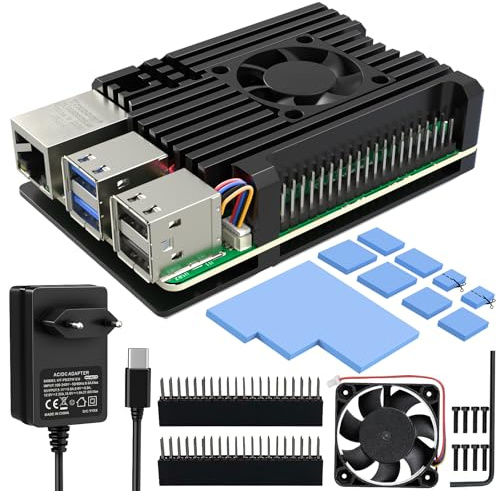 Miuzei Kühler Gehäuse für Raspberry Pi 5 mit 5A Netzteil :5,1V 27W GaN Adapter und PWM Lüfter GPIO Header Passive+Active Cooler Cooling Aluminum Case for Raspberry Pi 5 4gb und 8gb Box mit kühlkörper