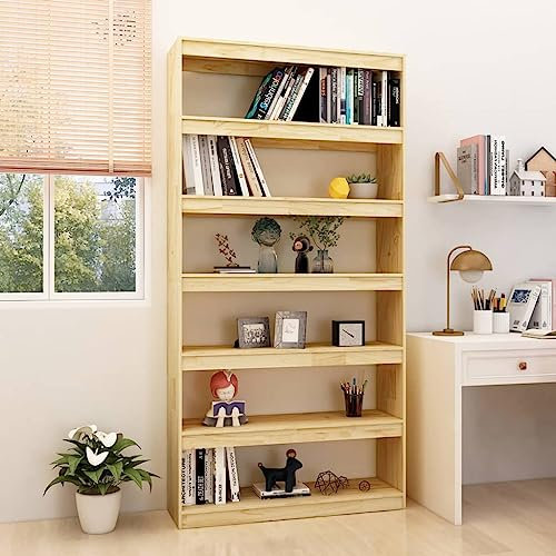 THOYTOUI Bücherregal Raumteiler, Ordnerregal Vitrinenschrank Aktenschrank Holzregal stehend Geeignet für Büro Wohnstube Arbeitszimmer Balkon 100x30x200 cm Kiefer Massivholz