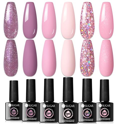 UR SUGAR UV Nagellack Rosa Glitzer, Gelnagellack Rosa Gel Nagellacks Gellack UV Farbgel Set Starter Set für Nagelstudio Nagel mit Geschenkbox Maniküre Set