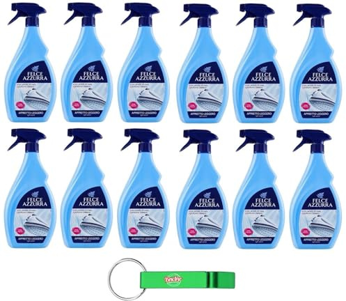12x Felce Azzurra Appretto Leggero Spray per Stira Veloce, Stiratore leggermente rinforzante, stiratura rapida, profumato 750ml + Portachiavi Beni Culinari in Omaggio