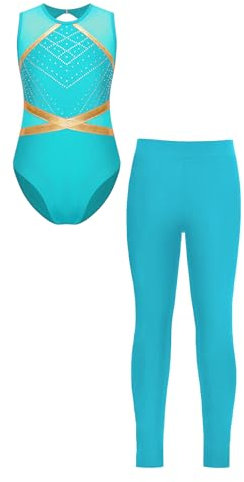 Yeahdor Kinder Mädchen Turnanzug Ärmellos Tanz Trikot mit Strass + Leggings Glitzer Akrobatik Anzug Gymnastik Training Eiskunstlaufen Tanzkleidung Blau Grün 158-164