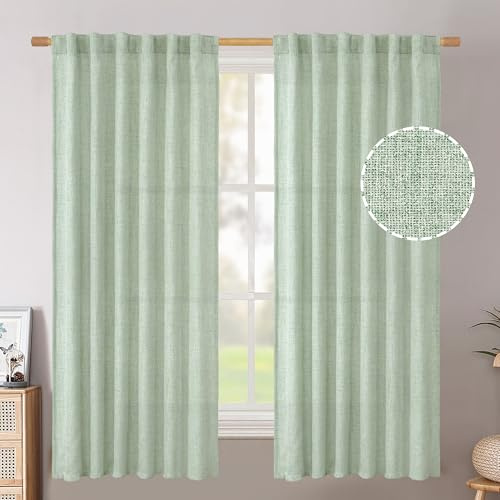 BGment Sage Green Linen Curtains 63 Inch Length for Living Room 2 Panels - Light Filtering Semi Sheer Spring Drapes Decor for Bedroom/Office Rod Pocket Back Tab, 52 Inch Wide Each Panel