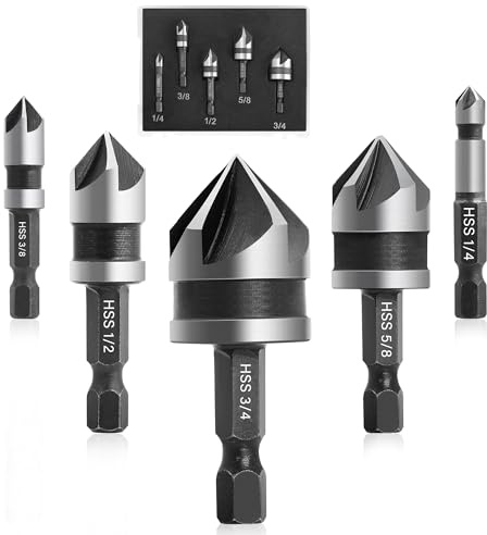ROGAPER 5 Pcs Countersink Drill Bit Set, 82 Degree 5 Flute High-Speed Steel Countersink Drill Bit with 1/4” Hex Shank, 1/4 to 3/4 Size for Machinable Metals, Wood, Carbon Steel, in Aluminum Case