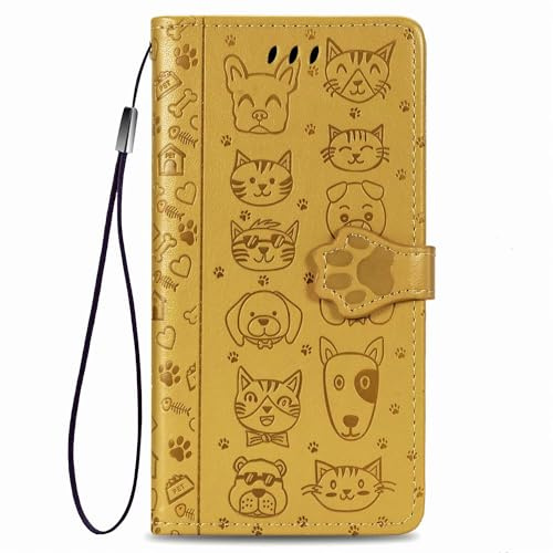 Handyhülle für Honor X6B Hülle Katze Hund Premium Leder PU Flip Case Magnetisch Kartensteckplätzen Klapphülle Wallet Lederhülle Bumper Schutzhülle für Honor X6B Tasche Gelb