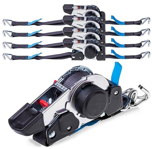 INTAKO (Lot de 4) Sangle à Cliquet Automatique - 3m 600kg 25mm DIN en - Sangles d'arrimage Enrouleur pour Moto Remorque, Quad