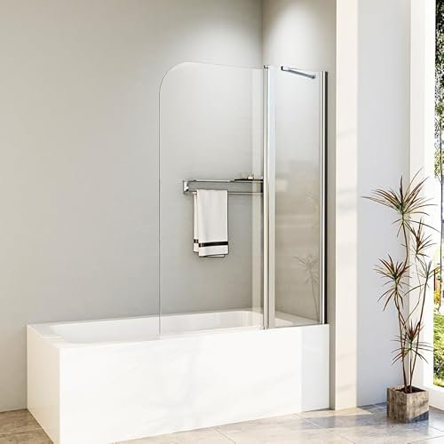 Duschwand für Badewanne Faltbar 100x140cm Duschabtrennung, 2-Teilig Badewannenaufsatz Faltwand 180° mit Seitenwand, Duschtrennwand Faltbar aus 6mm NANO Easy-clean Sicherheitsglas