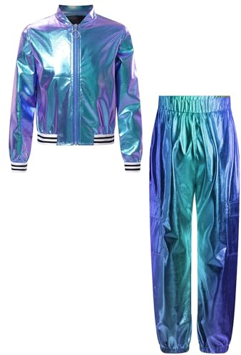 Miaeowve Sportbekleidung Kinder Mädchen Set Langarm Metallic Jacke Holographic Bomberjacke Mit Glitzer Hose Stretch Leggings 70er 80er Jahre Retro Sportswear Blau 134-140