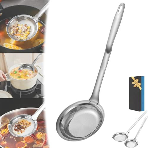 Statisticsing - Scolapasta a rete in acciaio inox, setaccio a maglia fine in acciaio inox, cucchiaio extra fine con manico, filtro in metallo per filtro dell'olio da cucina, schiuma grassa (L)
