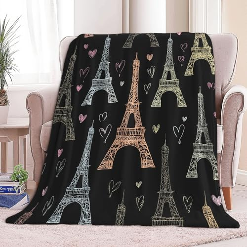 Mantas de Lana de Franela Torre Eiffel Dibujada A Mano, Mantas de Peluche Extra Suaves y esponjosas, Manta de sofá de Microfibra Ligera y acogedora/Manta de sofá para niños Adultos 130 x 150 cm