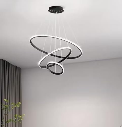 JDONG LED Pendelleuchte schwarz 3 Ring kristall Moderne Kronleuchter Dimmbar mit Fernbedienung Esszimmer led pendelleuchte dimmbar hoehenverstellbar Pendellampe Höhenverstellbar für Wohnzimmer