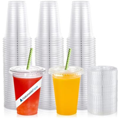 Nationwide Paper 12oz Crystal Clear Smoothie Cups with Flat lids, Perfect for Iced Coffee, Milkshake, Slurpee, Ice Cream, Razzle, Slush, Smoothy, Party's Pack of 50